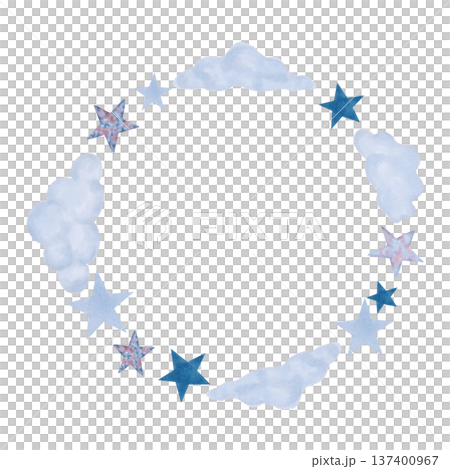Round frame with celestial motifs stars and clouds. Watercolor illustration of cosmic and ethereal elements. Hand drawn isolated art. Childish cartoon background for invitations, packaging, decor. 137400967