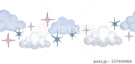 Seamless childrens border with clouds, stars in pastel color. Watercolor illustration. Hand drawn isolated art. Cartoon children sketch for decorating the walls of a girl, boy nursery, greeting card 137400969