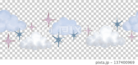 Seamless childrens border with clouds, stars in pastel color. Watercolor illustration. Hand drawn isolated art. Cartoon children sketch for decorating the walls of a girl, boy nursery, greeting card 137400969