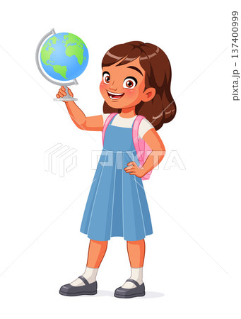 Cute young Indian school girl holding a globe. Cartoon vector isolated illustration. Cute young Indian school girl holding a globe. Cartoon vector isolated illustration. 137400999