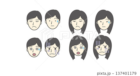 男女の表情イラストセット（ジト目・目が点・驚き・引いた顔・困惑・リアクション） 137401179