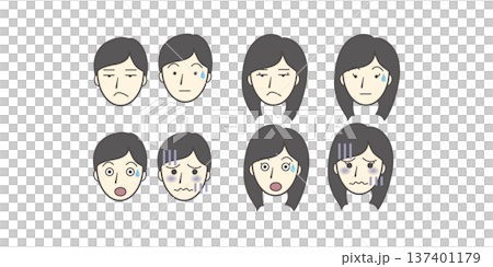 男女臉部表情插圖集(瞇眼、眼窩深陷、驚訝、退縮、困惑、反應) 男女臉部表情插圖集(瞇眼、眼窩深陷、驚訝、退縮、困惑、反應) 137401179