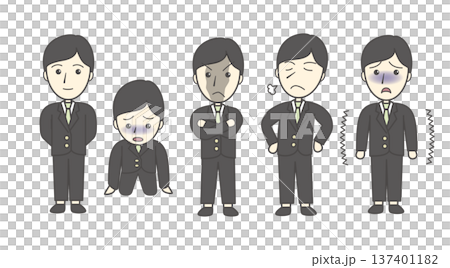 男性のポーズ・表情バリエーションセット（後ろ手・絶望・仁王立ち・高飛車・震える） 137401182