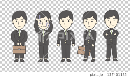 男性のポーズ・表情バリエーションセット（バッグ・歩く・ショック・ジト目・腕組み） 137401183