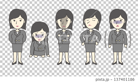 Women's pose and facial expression variation set (hands behind back, despair, standing tall, arrogant, trembling) 137401186
