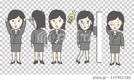 Women's pose and facial expression variation set (happy, scheming, inspiration, frazzled, embarrassed) Women's pose and facial expression variation set (happy, scheming, inspiration, frazzled, embarrassed) 137401188