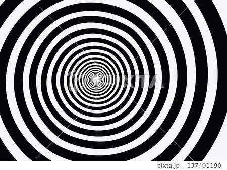 Hypnotic spiral pattern of black and white concentric circles creates a dizzying optical illusion 137401190