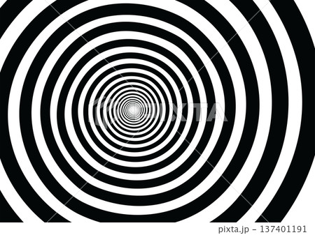 Hypnotic spiral pattern of black and white concentric circles creates a dizzying optical illusion 137401191