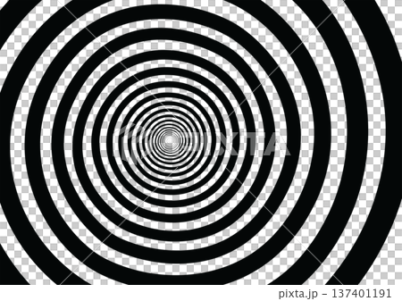 Hypnotic spiral pattern of black and white concentric circles creates a dizzying optical illusion 137401191