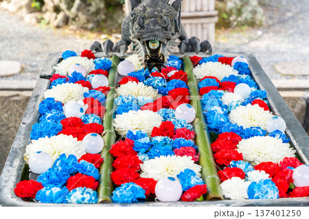 京都府長岡京市　西山　楊谷寺 (柳谷観音)　龍手水（花手水）水を司る神（水の守り神） 137401250
