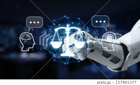 Futuristic Robot Assistant Engaging in Legal Discussions with Artificial Intelligence, Balancing Justice Scales and Brain Concepts in Modern Office Environment Synapse 137401377