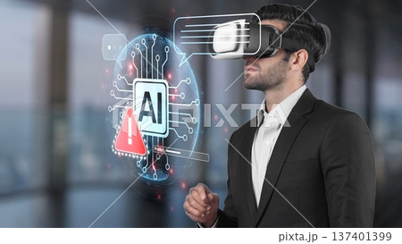 Young businessman using virtual reality headset showcasing artificial intelligence concept with digital interface and connection elements in modern office environment. Raster Young businessman using virtual reality headset showcasing artificial intelligence concept with digital interface and connection elements in modern office environment. Raster 137401399