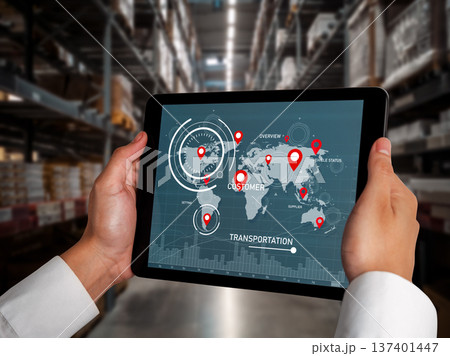 Warehouse management innovative software in computer for real time monitoring 137401447