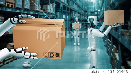 Innovative industry robot working in warehouse for human labor replacement Innovative industry robot working in warehouse for human labor replacement 137401448