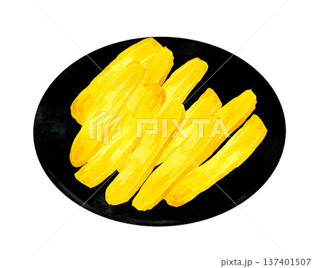 お皿に盛り付けた干し芋 手描き水彩イラスト素材 お皿に盛り付けた干し芋 手描き水彩イラスト素材 137401507