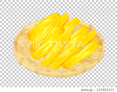 竹ざるに乗った干し芋　手描き水彩イラスト素材 137401513