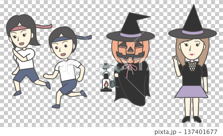 Autumn event illustration set (sports day running race, jack-o'-lantern, witch cosplay woman) Autumn event illustration set (sports day running race, jack-o'-lantern, witch cosplay woman) 137401677