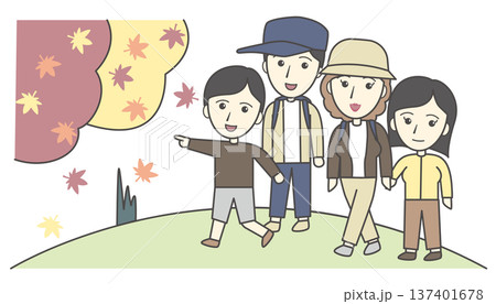 秋の行楽・家族旅行イラストセット（紅葉狩り・お弁当・レジャー・秋の休日） 137401678
