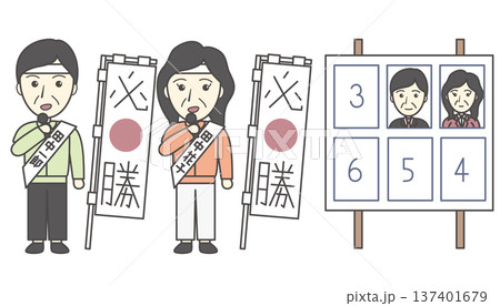 選挙活動中の候補者男女と選挙掲示板・看板セット（政治・民主主義・キャンペーン） 137401679