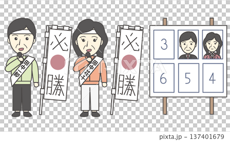 選挙活動中の候補者男女と選挙掲示板・看板セット（政治・民主主義・キャンペーン） 137401679