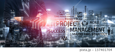 Project Management Concept with Businessman Overlaying Urban Background, Focus on Success, Marketing Strategy, Agile Documentation, and Time Management. Tessel Project Management Concept with Businessman Overlaying Urban Background, Focus on Success, Marketing Strategy, Agile Documentation, and Time Management. Tessel 137401704