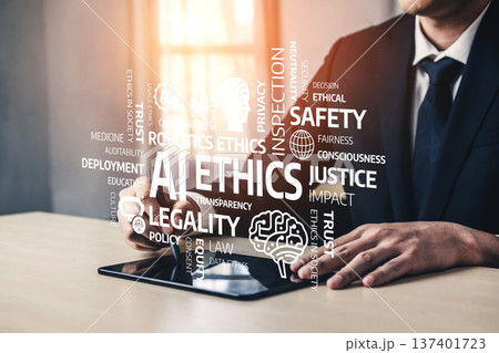 Businessperson Engaging with Concepts of Ethics and Technology in Modern Workplace Environment Focusing on Safety and Legality Issues in Society. Tessel Businessperson Engaging with Concepts of Ethics and Technology in Modern Workplace Environment Focusing on Safety and Legality Issues in Society. Tessel 137401723