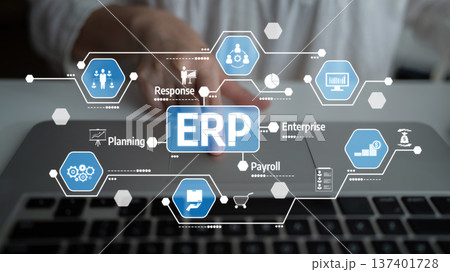 Business Professional Utilizing ERP System for Planning, Payroll, Response Management, and Enterprise Solutions with Digital Interface Elements. Tessel Business Professional Utilizing ERP System for Planning, Payroll, Response Management, and Enterprise Solutions with Digital Interface Elements. Tessel 137401728