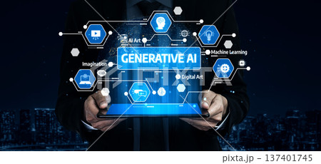 Businessman Holding Tablet with Generative AI Concept and Digital Art Graphics Displaying Machine Learning, Imagination, and Creativity at Night. Tessel 137401745