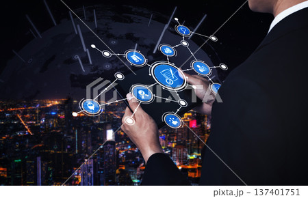 Business Professional Analyzing Data Connection on Tablet with City Lights Background Representing Global Network and Technology Concept. Tessel Business Professional Analyzing Data Connection on Tablet with City Lights Background Representing Global Network and Technology Concept. Tessel 137401751