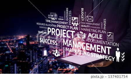 Business professional presenting project management concepts with digital graphics and city skyline in background, showcasing modern strategies and tools. Tessel Business professional presenting project management concepts with digital graphics and city skyline in background, showcasing modern strategies and tools. Tessel 137401754