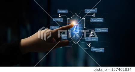 AI Cybersecurity Shield with Data Protection Icons and Circuit Lines. Corpus 137401834