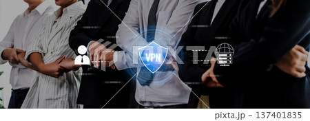Business Team Collaboration with VPN Security Symbol in Digital Environment Representing Data Protection and Online Privacy Trope Business Team Collaboration with VPN Security Symbol in Digital Environment Representing Data Protection and Online Privacy Trope 137401835