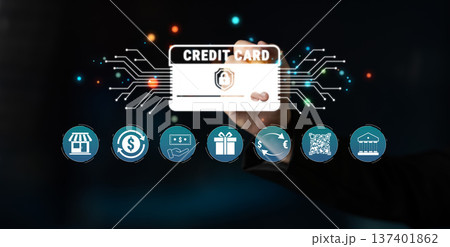 Digital Payment Concept Featuring Hand Holding Credit Card Surrounded by Symbols of E-commerce, Financial Transactions, and Secure Payment Technology Quark 137401862