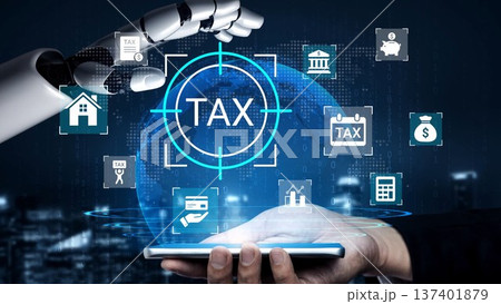 Futuristic Tax Management System with Robotic Hand Interacting with Smartphone Displaying Tax Icons and Visuals in Digital Environment Gluon 137401879