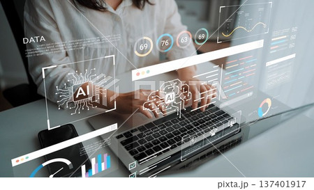 Futuristic workspace with artificial intelligence and data analytics visualizations on laptop screen, showcasing technology and digital transformation processes Gluon Futuristic workspace with artificial intelligence and data analytics visualizations on laptop screen, showcasing technology and digital transformation processes Gluon 137401917