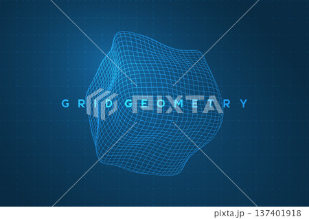 Abstract 3D wireframe mesh of a distorted geometric cube with blue glowing grid background representing data processing, digital form deformation and spatial topology, futuristic vector illustration. 137401918