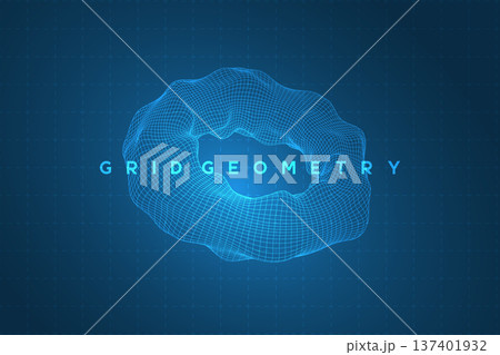 Deformed 3D wireframe torus with blue geometric mesh surface and grid background representing mathematical topology and spatial distortion, technical vector illustration. Deformed 3D wireframe torus with blue geometric mesh surface and grid background representing mathematical topology and spatial distortion, technical vector illustration. 137401932