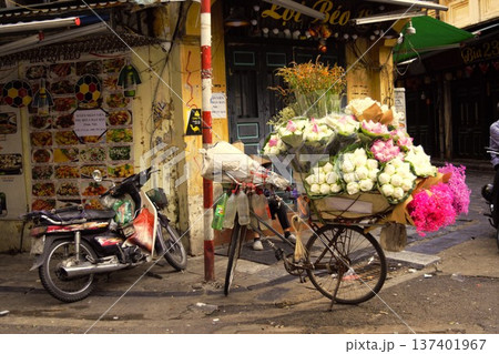 ハノイ旧市街の街角に止まるハス花売りの自転車（ベトナム） 137401967