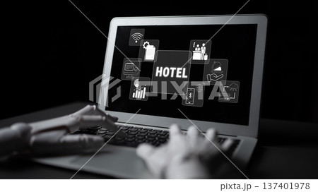 Futuristic Hotel Management Concept with Robotic Hand and Digital Interface Displaying Various Icons and Information Related to Hospitality Quark 137401978