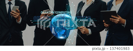 Business Professionals Engaging with Digital Devices and Quantum Computing Concepts Over a Futuristic Background of Technology and Innovation Trope Business Professionals Engaging with Digital Devices and Quantum Computing Concepts Over a Futuristic Background of Technology and Innovation Trope 137401983