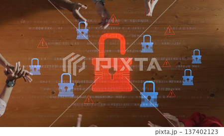 Secure Digital Lock Concept with Hands and Warning Symbols on Wooden Table Representing Cybersecurity and Data Protection in Modern Technology. Raster Secure Digital Lock Concept with Hands and Warning Symbols on Wooden Table Representing Cybersecurity and Data Protection in Modern Technology. Raster 137402123