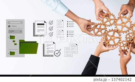Collaborative Workflow with Gears and Hands Showcasing Teamwork, Organization, and Task Management for Effective Project Completion Gluon Collaborative Workflow with Gears and Hands Showcasing Teamwork, Organization, and Task Management for Effective Project Completion Gluon 137402142