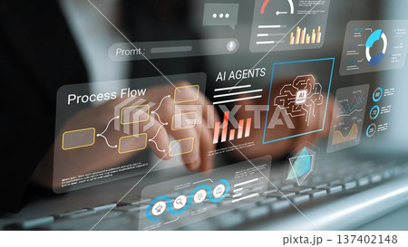 Futuristic Digital Interface with Data Analytics, AI Agents and Process Flow Charts in Business Environment for Technology and Innovation Themes Gluon 137402148