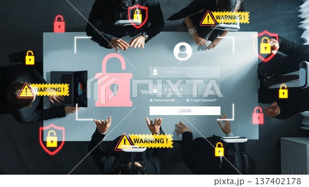 Cybersecurity Awareness in Business Meeting Featuring Warning Signs and Security Icons Around Login Screen with Team Discussing Digital Safety Measures Gluon Cybersecurity Awareness in Business Meeting Featuring Warning Signs and Security Icons Around Login Screen with Team Discussing Digital Safety Measures Gluon 137402178