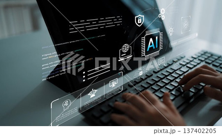 Modern Computer Keyboard with Hands Typing and Futuristic AI Technology Interface Displayed on Laptop Screen in Soft Focus Background Gluon Modern Computer Keyboard with Hands Typing and Futuristic AI Technology Interface Displayed on Laptop Screen in Soft Focus Background Gluon 137402205