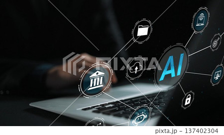 Modern AI Technology Concept with Digital Icons Representing Banking, Cloud Storage, Security, and Business on Laptop Screen in Dark Environment Gluon Modern AI Technology Concept with Digital Icons Representing Banking, Cloud Storage, Security, and Business on Laptop Screen in Dark Environment Gluon 137402304