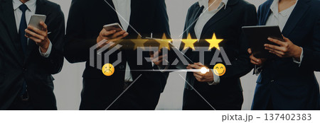 Business professionals evaluating service quality through mobile devices and expressing satisfaction or dissatisfaction with feedback symbols Trope 137402383