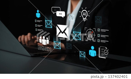 Digital Communication Concept with Email, Chat Bubbles, AI Icon, Data Analytics, Person Working on Laptop in Dark Environment Gluon Digital Communication Concept with Email, Chat Bubbles, AI Icon, Data Analytics, Person Working on Laptop in Dark Environment Gluon 137402401