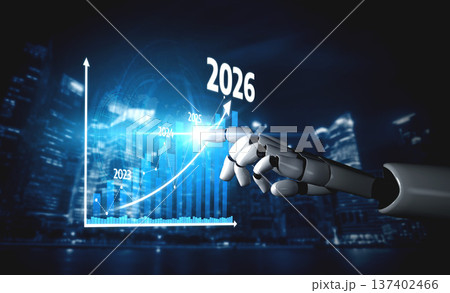 Futuristic robotic hand interacting with digital financial data and growth projections in a modern cityscape under a night sky. Tessel Futuristic robotic hand interacting with digital financial data and growth projections in a modern cityscape under a night sky. Tessel 137402466