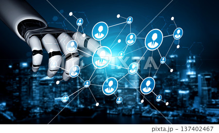 Futuristic Robot Hand Interacting with Digital Network of Human Icons Displaying Connectivity and Technology in Urban Background. Tessel Futuristic Robot Hand Interacting with Digital Network of Human Icons Displaying Connectivity and Technology in Urban Background. Tessel 137402467